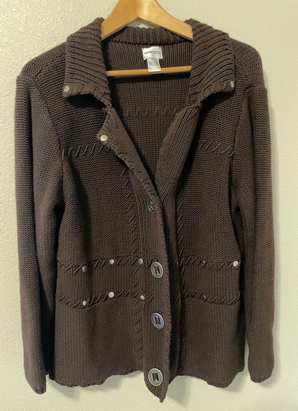 Chicos Cardigan Womens 3 US XL Brown Studded Pockets Chunky Knit Button Front